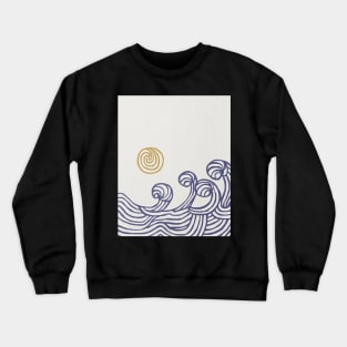 Abstract sun blue ocean waves, Mid century art print Crewneck Sweatshirt